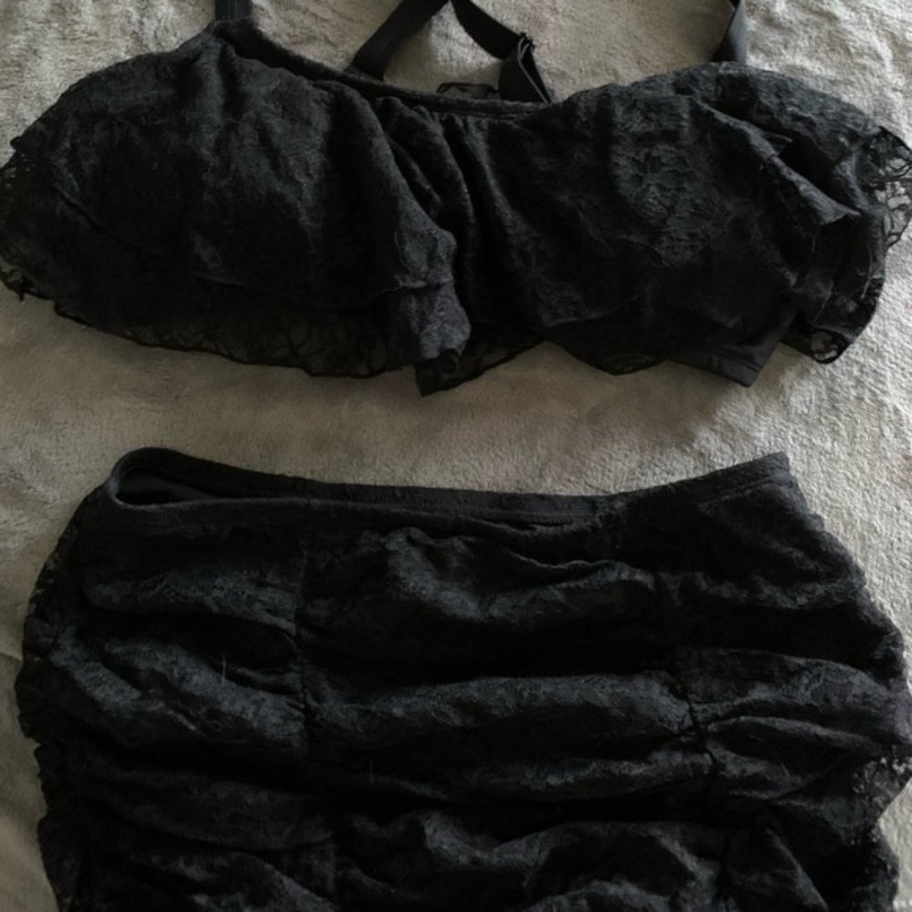 Retro High Waisted Black Lace Ruffle Bikini Pinup (Boyshort /skirt Bottoms)